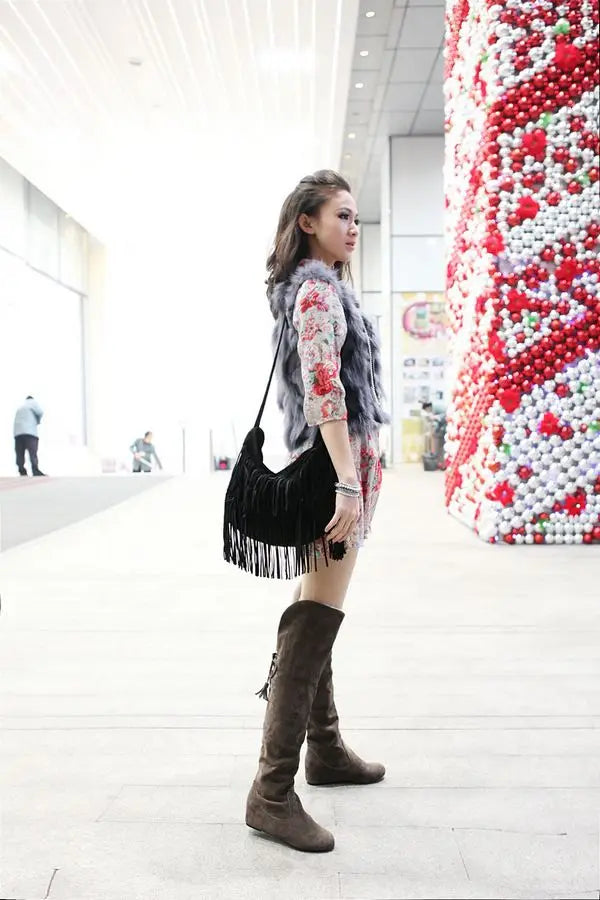 Santiag haute noir Daim Femme - Tige nouée avec fourrure blanche contrastée