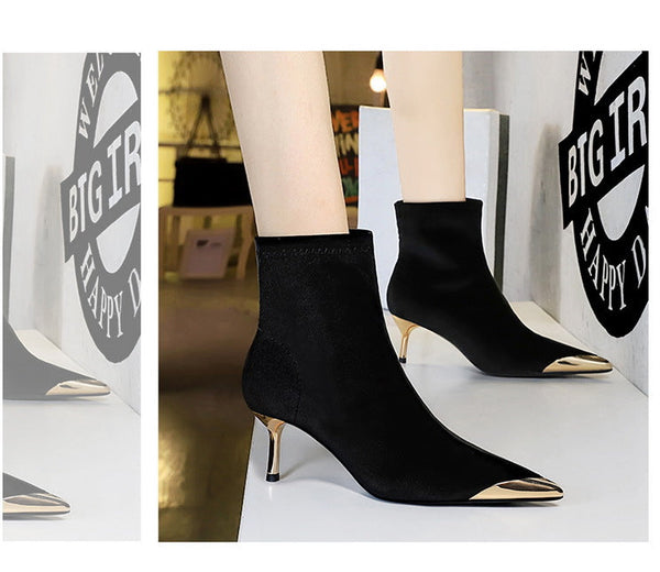 Santiag mi-haute marron Daim Synthétique Femme - Élégance avec bout et talon dorés