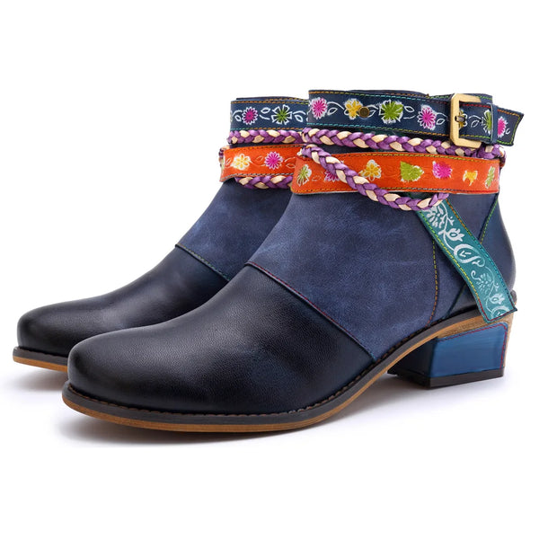 Santiag mi-haute bleu Cuir Femme - Broderies florales et sangles multicolores