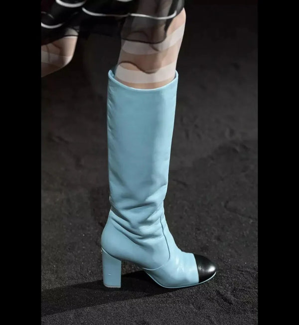 Santiag haute bleu Simili Cuir Femme - Bout noir contrastant, élégance audacieuse