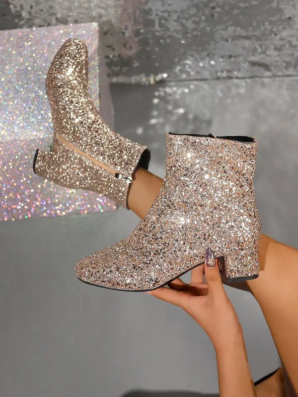 Santiag mi-haute argenté Synthétique Femme - Paillettes argentées brillantes, talon carré