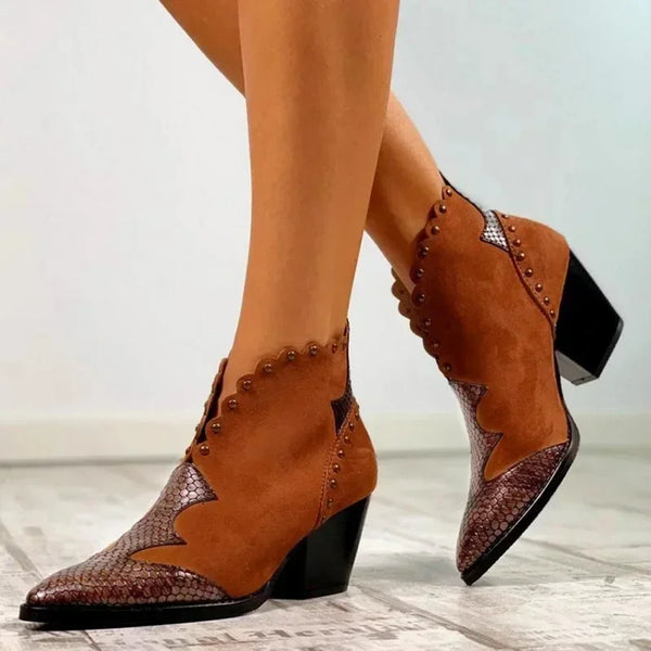 Santiag mi-haute marron Synthétique Femme - Bout pointu et motif python chic