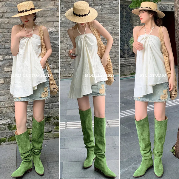 Santiag haute beige Daim Femme - Talon carré élégant et bout pointu