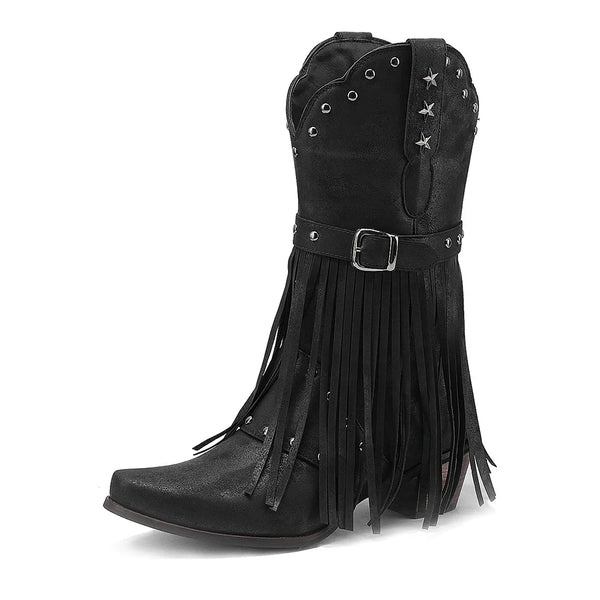 Santiag mi-haute noir Simili Cuir Femme - Franges et étoiles style western original