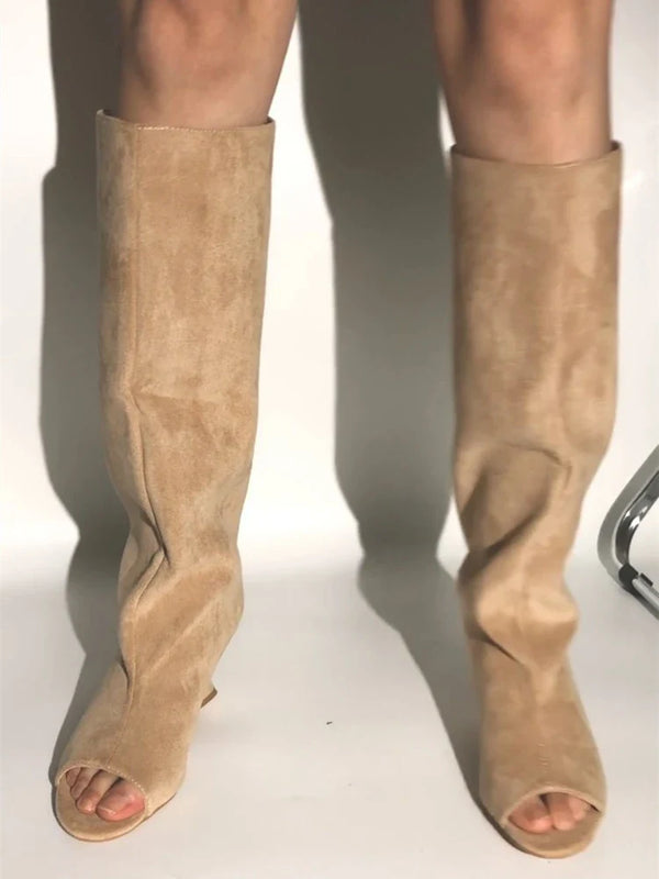 Santiag haute marron Synthétique Femme - Peep toe avec talon sculptural unique