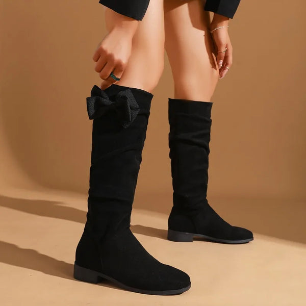 Santiag haute noir Daim Femme - Nœud papillon élégant sur le côté