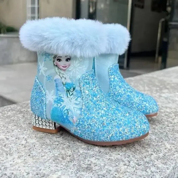 Santiag mi-haute bleu à paillettes Synthétique Enfant - Paillettes bleues et fausse fourrure blanche