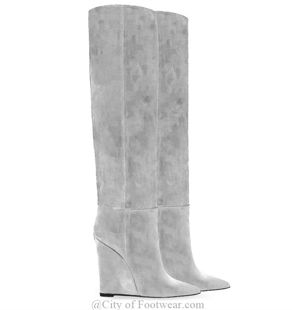 Santiag basse gris Daim Synthétique Femme - Élégantes bottines pointues à talons compensés