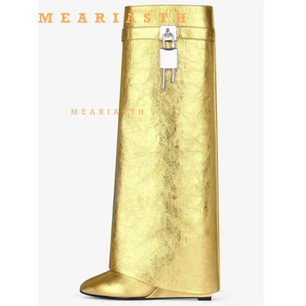 Santiag mi-haute doré Cuir Femme - Ornée d'un cadenas argenté chic