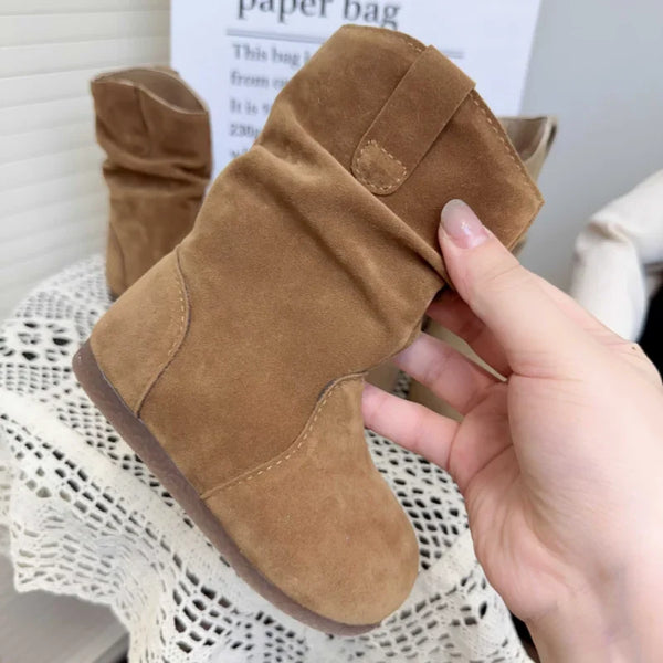 Santiag mi-haute marron clair Daim Synthétique Fille - Style simple avec couture épurée