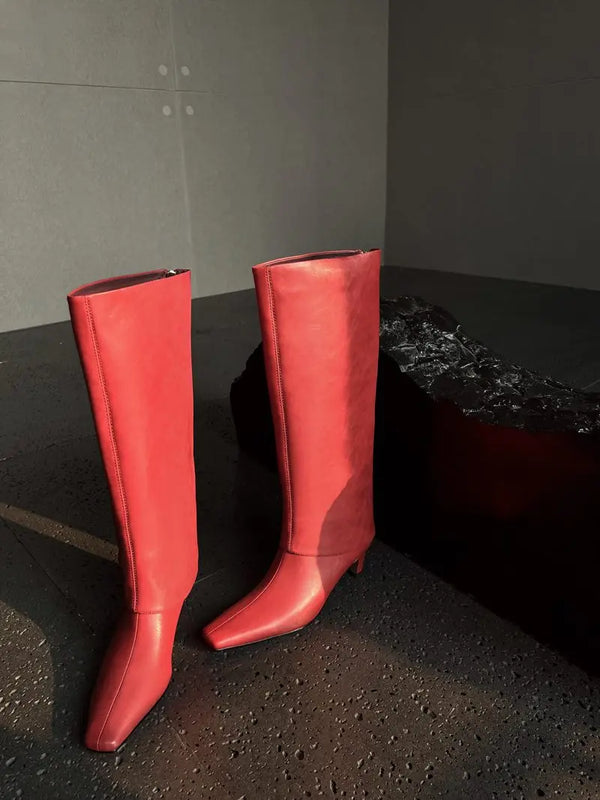 Santiag haute rouge Cuir Femme - Fermeture éclair dorée et talon bottier