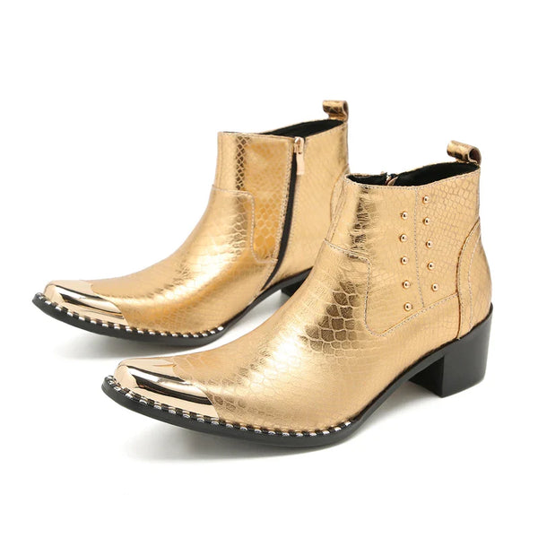 Santiag mi-haute doré Cuir Homme - Stylées avec motif python doré éclatant