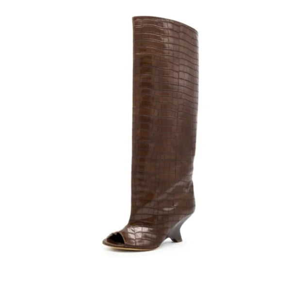 Santiag haute marron Synthétique Femme - Design rétro avec texture crocodile luxueuse