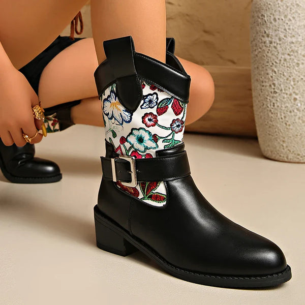 Santiag mi-haute noir Simili Cuir Femme - Broderies florales élégantes et artistiques