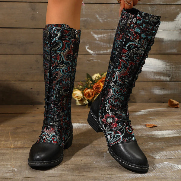 Botte haute multicolore Simili Cuir Femme - Bottes mi-hautes à broderies florales colorées