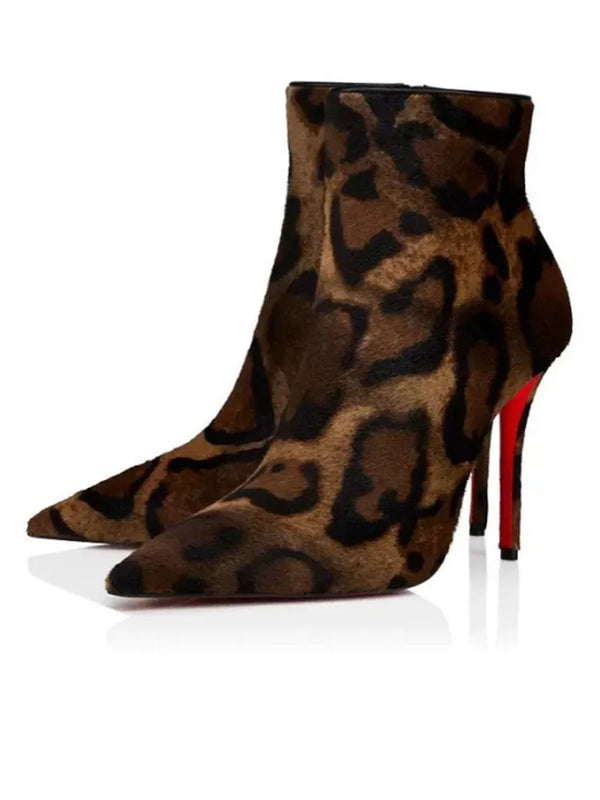 Santiag haute marron Daim Synthétique Femme - Talons aiguilles rouges, motif léopard audacieux