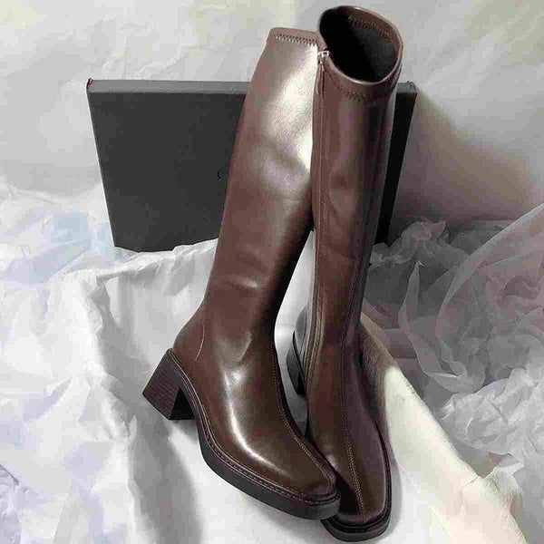 Botte haute marron Simili Cuir Femme - Santiags modernes au style épuré western