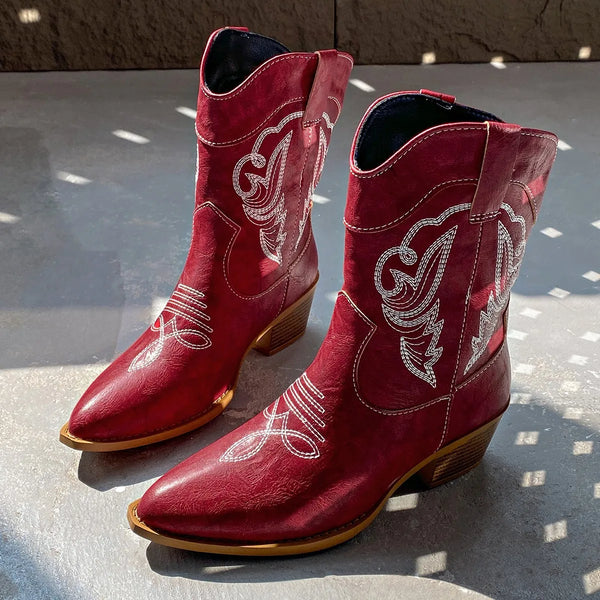 Santiag mi-haute rouge Simili Cuir Femme - Élégantes avec broderies traditionnelles rouges