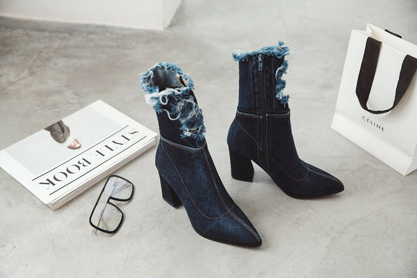 Santiag basse noir Synthétique Femme - Talon carré élégant et denim effiloché