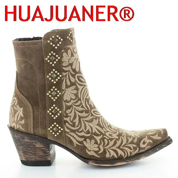 Santiag mi-haute marron Synthétique Femme - Broderies florales et clous dorés