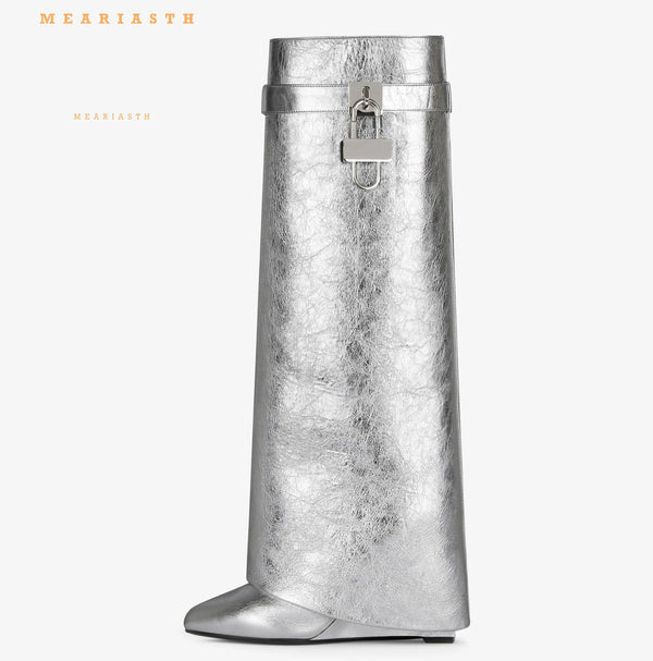 Santiag mi-haute argenté Cuir Femme - Argenté avec boucle métallique décorative