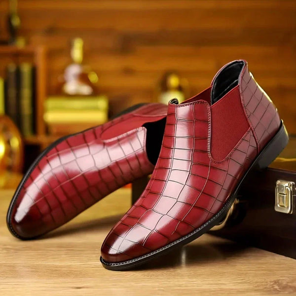 Santiag basse rouge Simili Cuir Homme - Effet crocodile, élastique latéral pratique