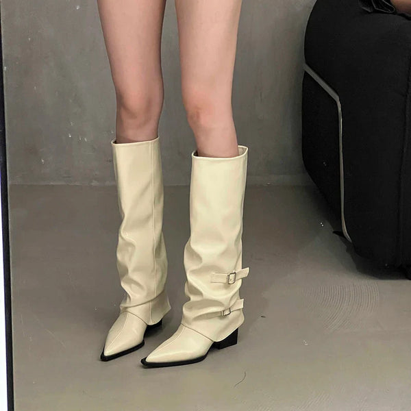 Santiag haute beige Simili Cuir Femme - Style élégant avec boucles latérales