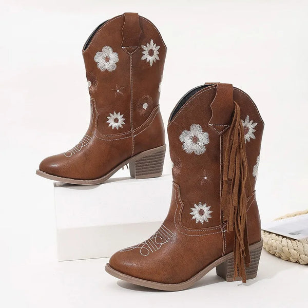 Santiag mi-haute marron Synthétique Fille - Broderies florales et franges western