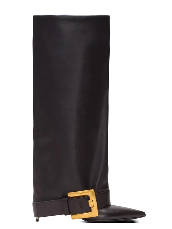 Santiag haute noir Synthétique Femme - Élégante boucle dorée minimaliste