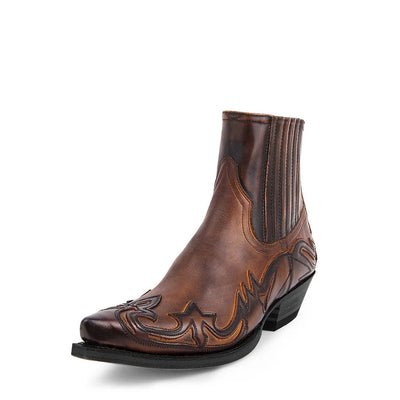 Santiag mi-haute marron Simili Cuir Homme - Broderies géométriques et bout pointu élégant
