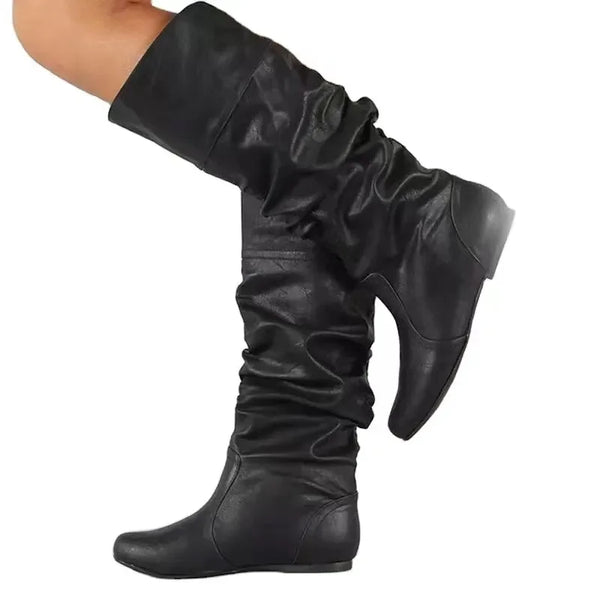 Santiag mi-haute noir Simili Cuir Femme - Bottes noires à allure épurée plissée