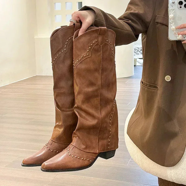 Santiag haute marron Simili Cuir Femme - Bottes western cloutées à bout pointu