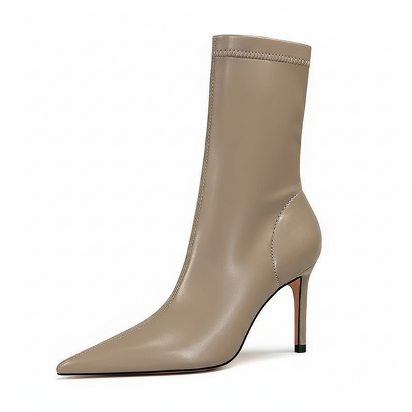 Botte haute beige Simili Cuir Femme - Talon aiguille raffiné et bout pointu