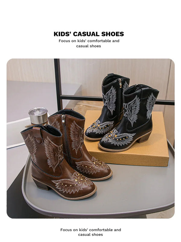 Santiag mi-haute marron Simili Cuir Fille - Broderies western avec clous dorés