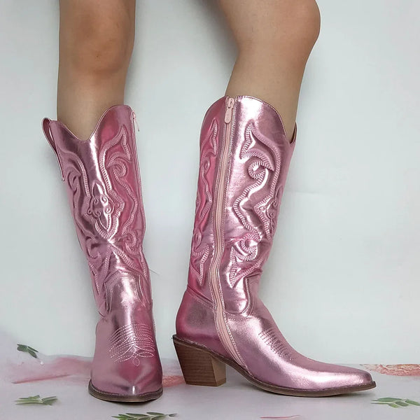 Santiag mi-haute rose Simili Cuir Femme - Bottes brillantes à bout pointu métalisé