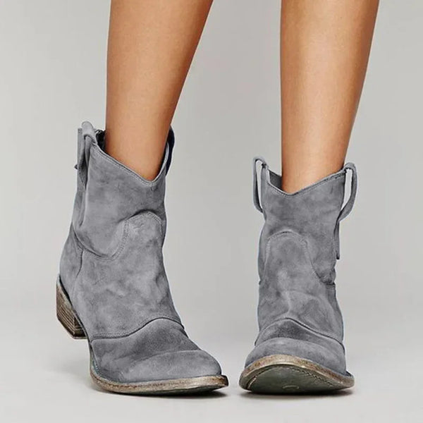 Santiag basse gris Daim Synthétique Femme - Bottes modernes à lanières décoratives