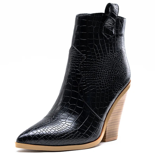 Santiag mi-haute noir Simili Cuir Femme - Motif crocodile et boucle décorative élégante