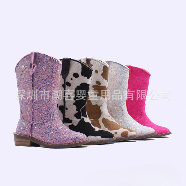 Santiag mi-haute marron clair Simili Cuir Fille - Santiags enfantines à motifs peau de vache