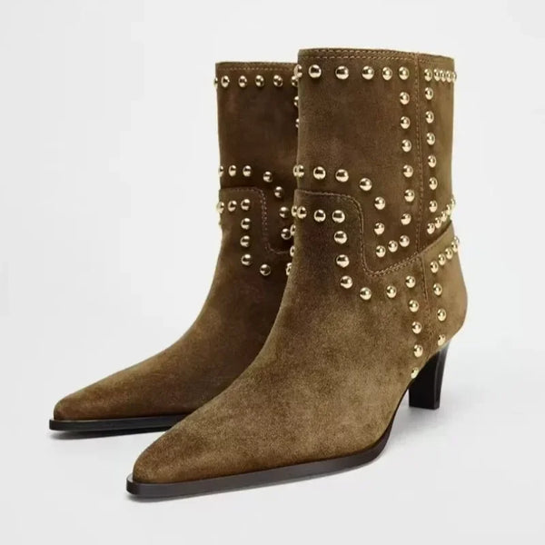 Santiag mi-haute marron Daim Femme - Clous dorés en motifs géométriques