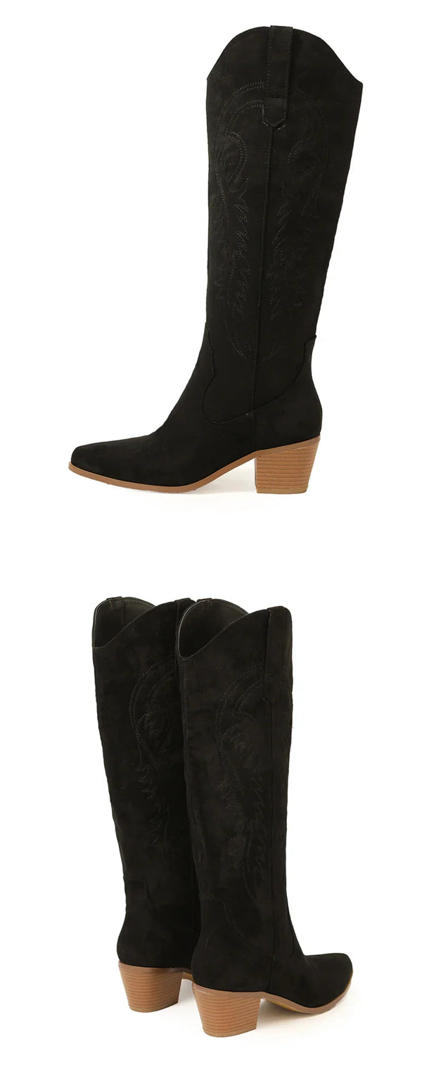 Santiag mi-haute camel Daim Synthétique Femme - Broderies florales élégantes et bout pointu