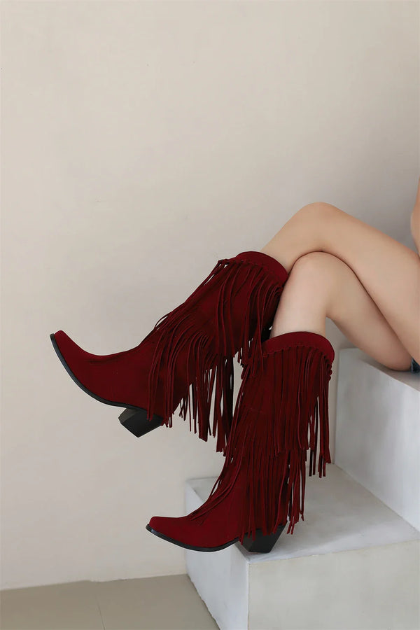 Santiag haute marron Daim Synthétique Femme - Franges longues avec talon cubique