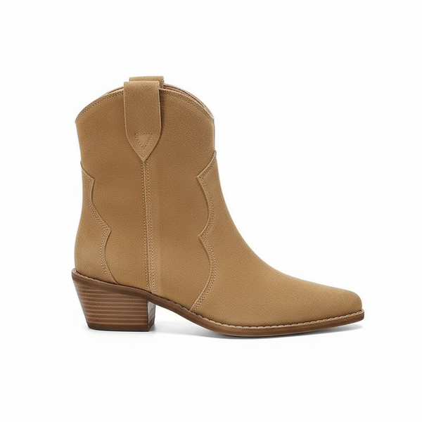 Santiag basse camel Daim Femme - Tirettes et coutures vagues stylisées