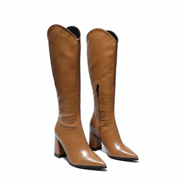 Santiag haute camel Simili Cuir Femme - élégantes bottes camel au bout pointu - three_quarter_view