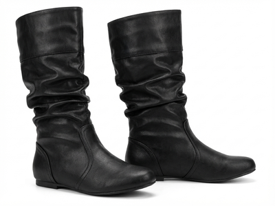 Santiag mi-haute noir Simili Cuir Femme - Bottes noires à allure épurée plissée - three_quarter_view