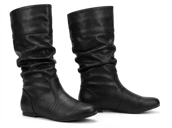 Santiag mi-haute noir Simili Cuir Femme - Bottes noires à allure épurée plissée