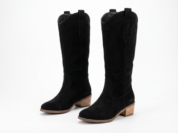 Santiag haute noir Daim Femme - Talon carré bois style western - three_quarter_view