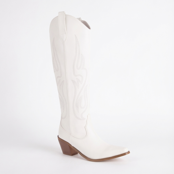 Santiag haute blanc Simili Cuir Femme - Broderies blanches pointues à talon épais - side_view