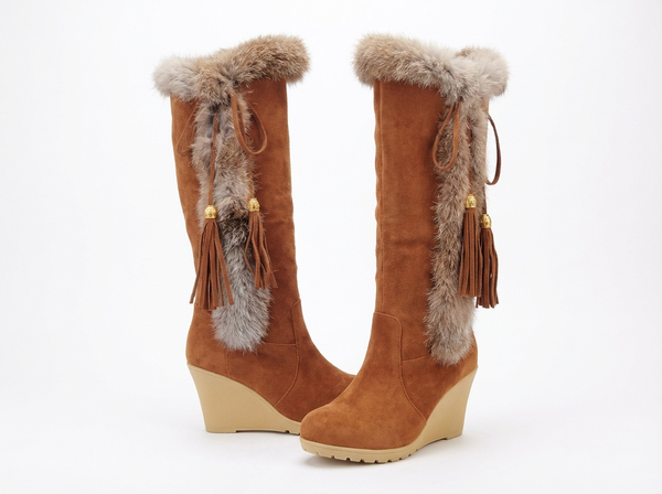 Santiag haute marron clair Daim Synthétique Femme - Franges bohèmes et semelle compensée chic - three_quarter_view