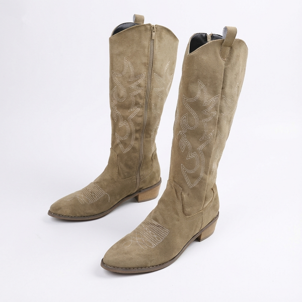 Santiag mi-haute marron clair Daim Femme - Broderies western et fermeture éclair latérale - three_quarter_view