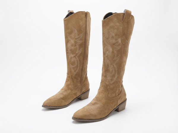 Santiag haute camel Daim Femme - Broderie florale sur tige en daim - three_quarter_view